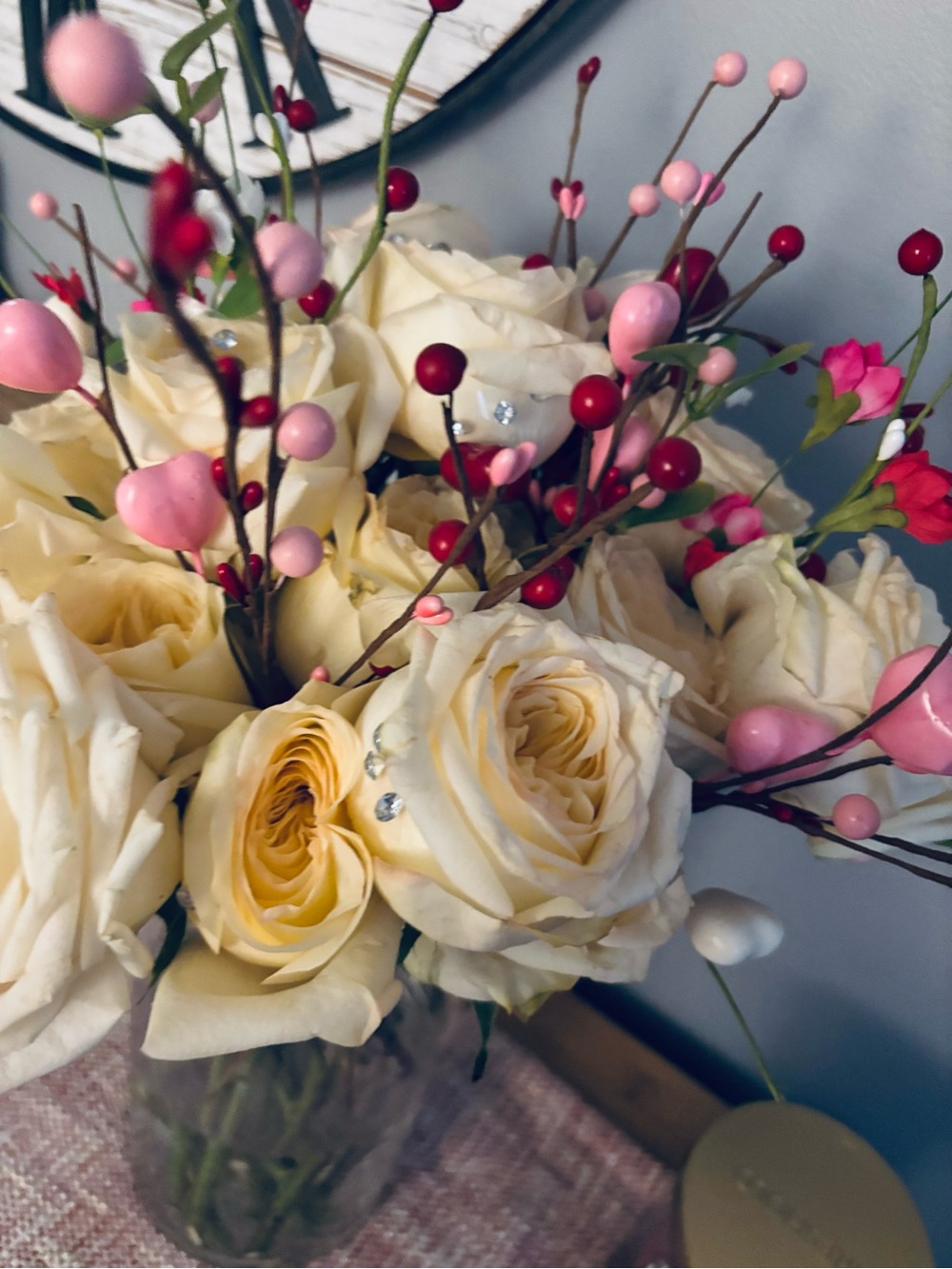 Ivory Rose Bouquet with Pink & Red Berry Accents - Home Accents